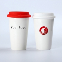 陶瓷双层隔热杯 陶瓷杯带硅胶盖 星巴克咖啡杯促销礼品定制LOGO