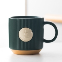 星巴风杯子墨绿色条纹铜牌咖啡陶瓷创意马克水杯礼品广告杯刻LOGO