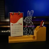 定制个性化创意兔年新年礼品节日3d台灯实木充电款台历小夜灯