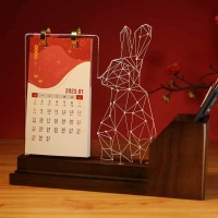 定制个性化创意兔年新年礼品节日3d台灯实木充电款台历小夜灯